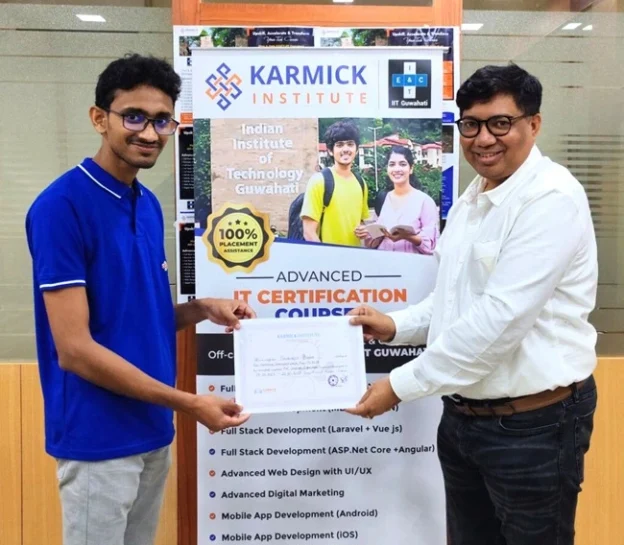 Certification awarded to Karmick Institute student by our director